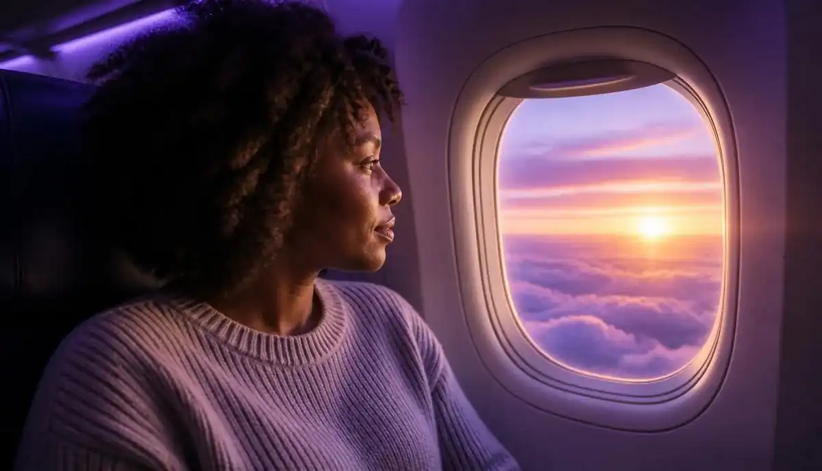 Mulher líder olhando pela janela de avião ao amanhecer